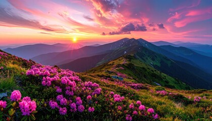 Obraz premium Vibrant sunset over a mountain range carpeted with pink rhododendron flowers.