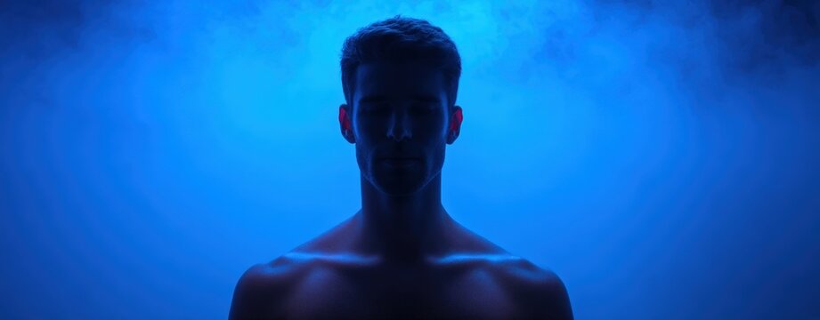 Silhouette of man against vibrant blue background with thick atmospheric smoke and copy space for mysterious dramatic conceptual photography