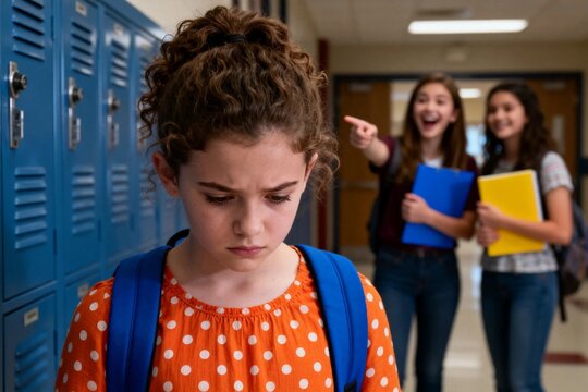 Sad schoolgirl being teased in school hallway