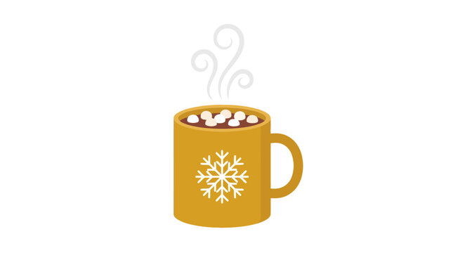 Minimalist flat vector illustration of a mustard yellow ceramic mug featuring a white snowflake design, filled with hot chocolate topped with mini marshmallows and rising steam.