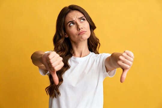 Woman showing thumbs down on yellow background