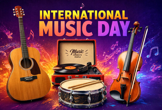 Colorful international music day celebration with instruments and vintage record player display