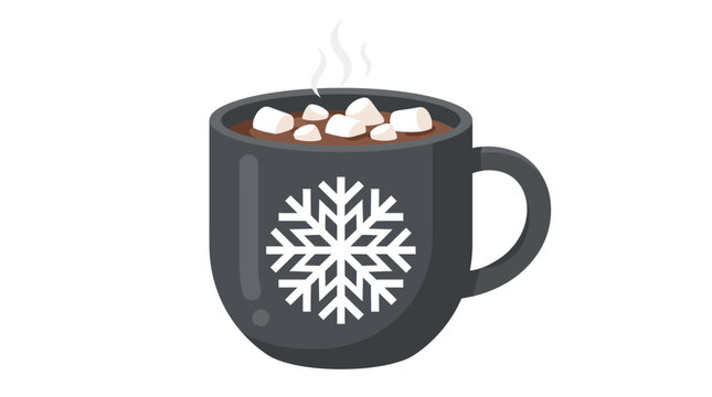 Vector illustration of a charcoal gray ceramic mug with a white snowflake design, filled with hot cocoa and white marshmallows, featuring steam wisps, isolated on a white background.