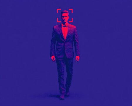 Businessman walking with digital facial recognition frame in blue red duotone style representing biometric identification and modern security technology