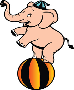 Smiling cartoon elephant balancing on a ball