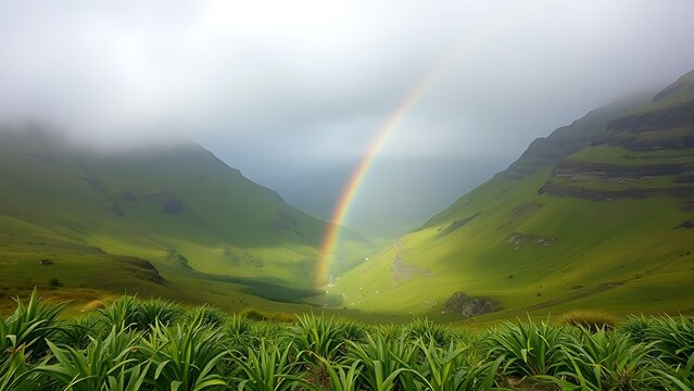 Rainbow arching over two green valleys after rain, peaceful landscape.