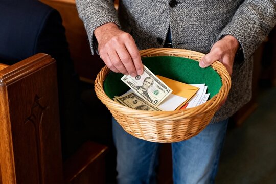 Tithing money in church offering basket
