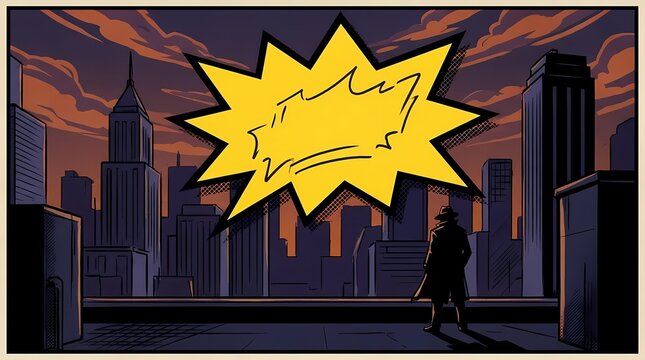 Superhero silhouette on city rooftop with comic speech bubble.