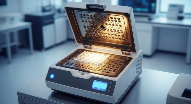 Modern Laboratory PCR Thermocycler with Open Lid and Samples