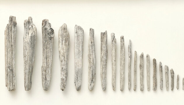 A collection of weathered driftwood pieces arranged in a row from largest to smallest, creating a gradient pattern on a plain white background