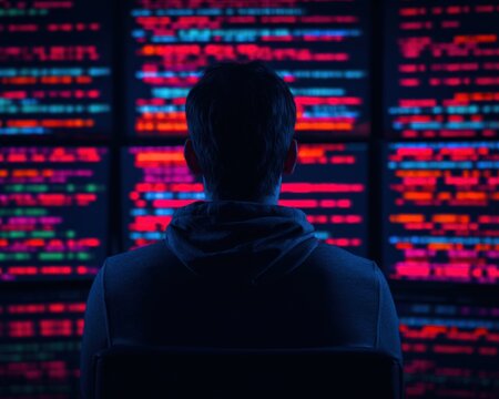 Person sitting before multiple computer screens displaying red lines of programming code representing cybersecurity threats and software development