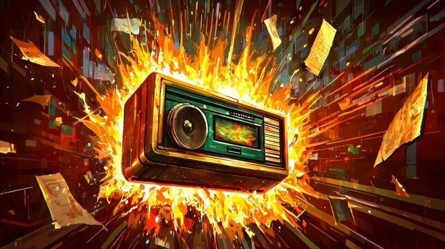 Exploding Retro Radio with Dynamic Fire and Energy