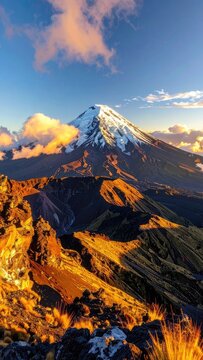Majestic snow-capped volcano bathed in golden hour sunlight.