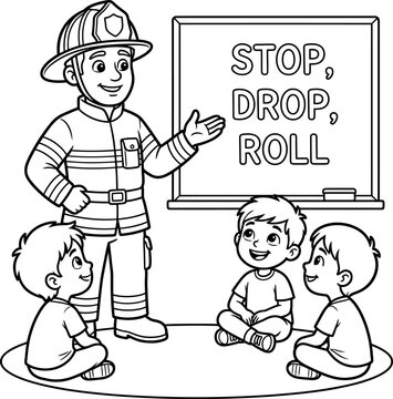 Firefighter explaining stop drop and roll safety rule to children coloring page with firefighter education children training classroom learning instruction coloring illustration emergency