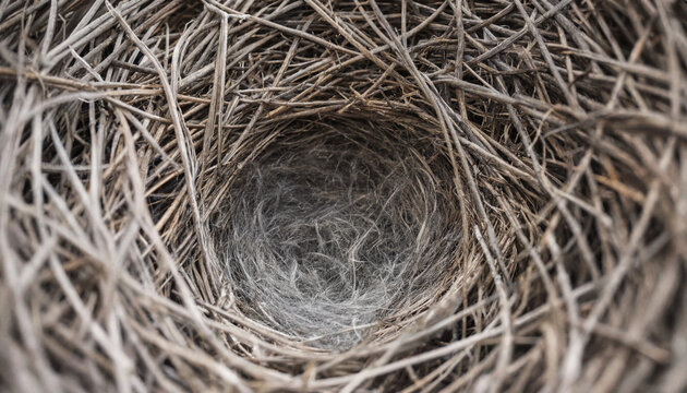 A down view of an empty bird nest made of dry twigs and branches with a soft grey fibrous interior lining for bird eggs and chicks