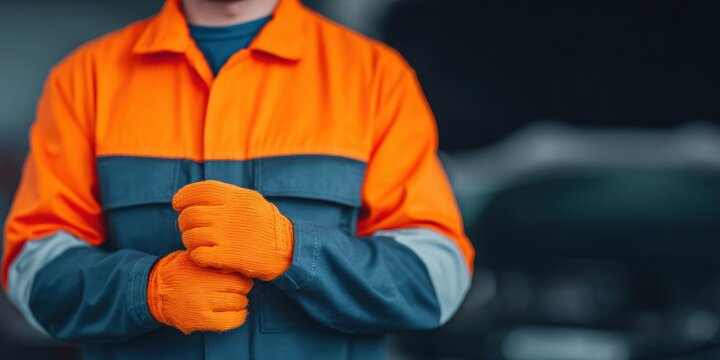 Mechanic wearing high visibility orange grey work uniform and protective gloves for industrial safety and professional workshop maintenance
