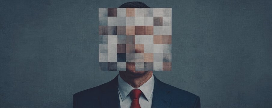 Businessman with pixelated face representing corporate anonymity and identity protection against dark textured background for cybersecurity concepts