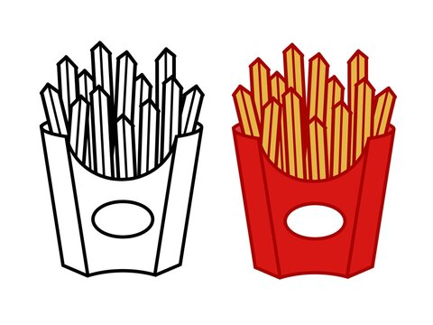 French fries box vector illustration outline and colored set