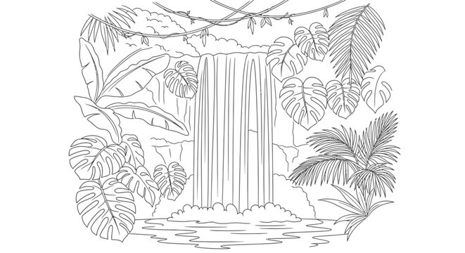 Jungle waterfall scene with lush foliage and clear water illustration