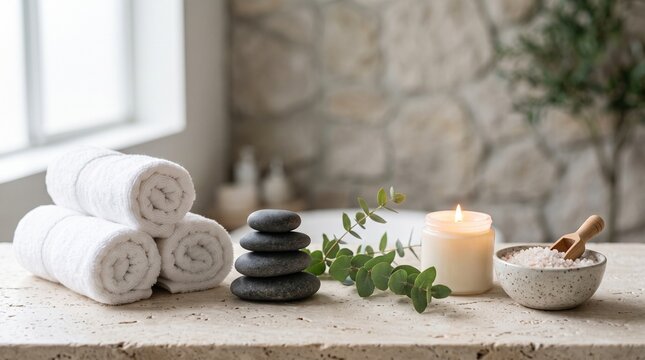 Serene spa setting featuring a stack of soft white towels beside balanced dark stones and a warm glowing candle on a textured stone surface interior