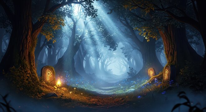 Moonbeams Illuminate a Mystical Forest Path with Ancient Runes
