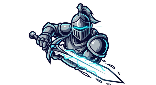 Knight illustration with glowing sword on white background