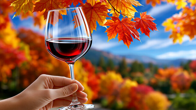 Hand holding a glass of red wine with vibrant autumn foliage and a bright blue sky in the background