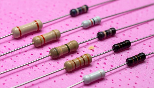 A collection of various micro resistors on a pink antistatic mat