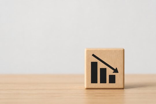 Wooden block with a downward trend chart icon showing business decline and loss