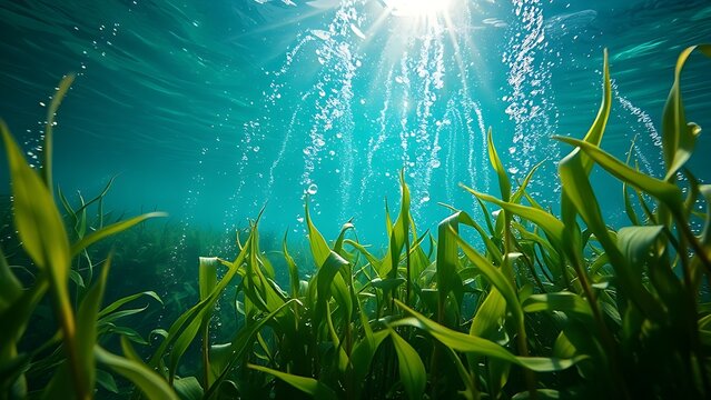 Underwater view of aquatic plants with oxygen bubbles rising to surface.