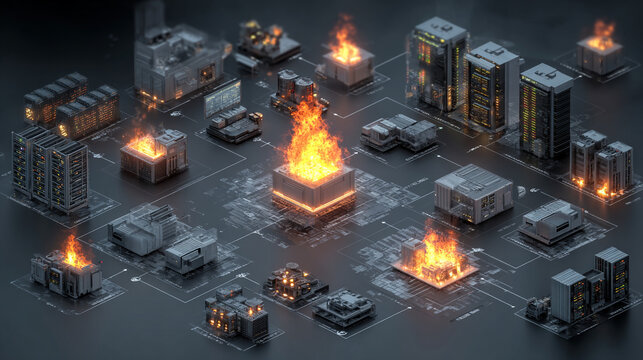 Cyber attack simulation on digital city infrastructure. Hackers targeting network security with firewall breach visualization. IT professionals mon...