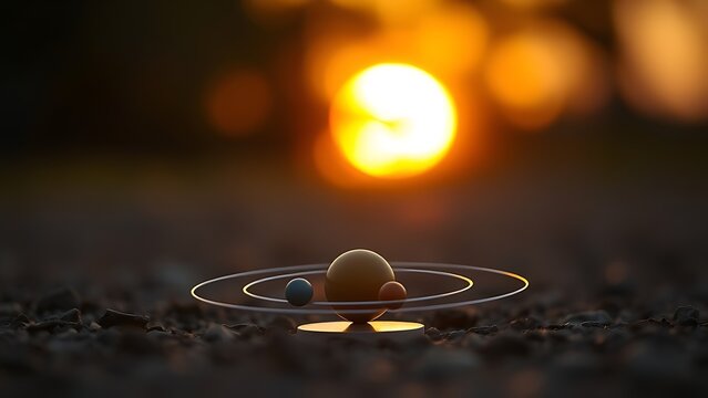 Sunrise illuminating physical model of planets on the ground.