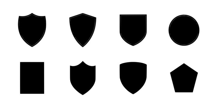 Shields with Various Shapes and a Circle and Pentagon in a Collection of Eight Distinct Black Icons Featuring Shield, Icon, Silhouette with Vector