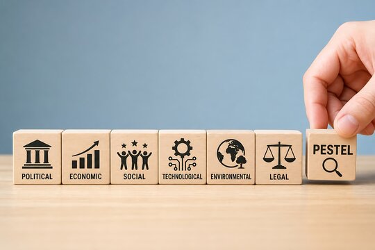 Hand placing a wooden block labeled pestel analysis for strategic business planning