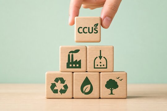 Hand stacking wooden blocks with ccus icons for carbon capture and storage strategy