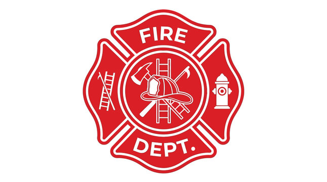 Detailed red and white fire department emblem featuring a classic helmet axe and ladder icon design