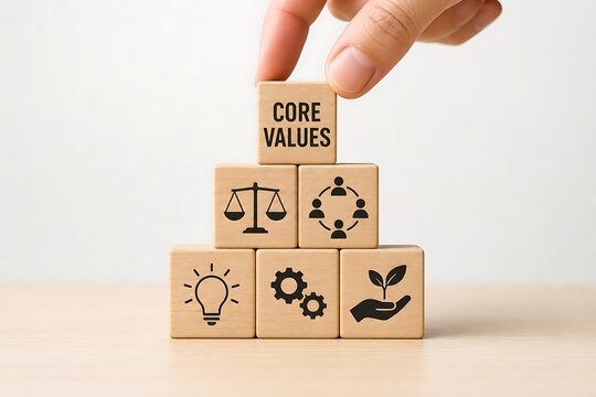 Hand stacking wooden blocks with core values icons for corporate culture development