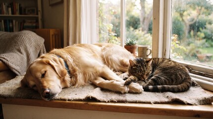 Obraz na płótnie Canvas Golden retriever dog, tabby cat, sleeping together, cozy home interior, pets relaxing