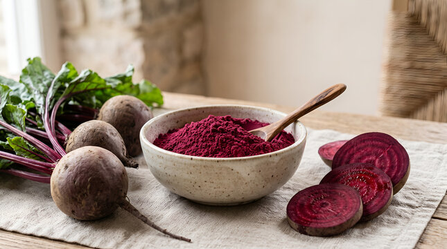 Beetroot powder in a ceramic bowl. Red beet extract for healthy diet. Organic superfood ingredients.