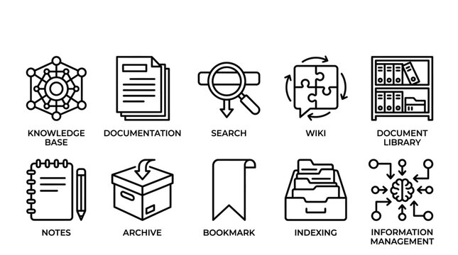Information Management and Knowledge Base Line Icon Set for Data Organization and Documentation