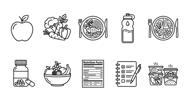 Healthy Nutrition and Diet Planning Icon Set for Wellness and Balanced Eating Lifestyle