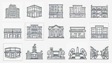 Sleek Black and White Line Art Illustrations of Modern Urban Buildings Landmarks and City Structures © Zakik