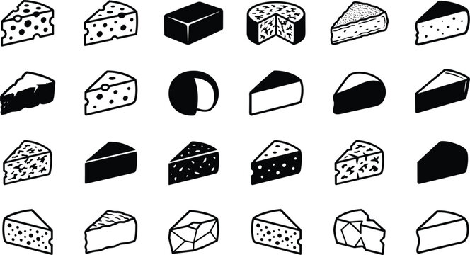 Gourmet cheese varieties icons set with swiss cheddar brie blue gouda wheels wedges and blocks vector graphics
