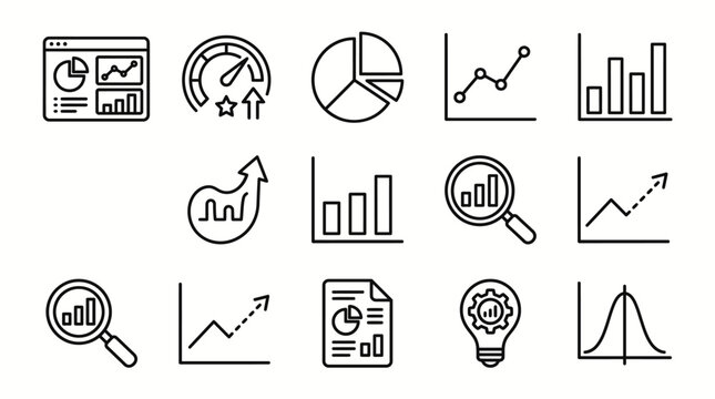 Minimalist business analytics and data chart line icon set featuring financial growth graphs, report diagrams, and statistics symbols