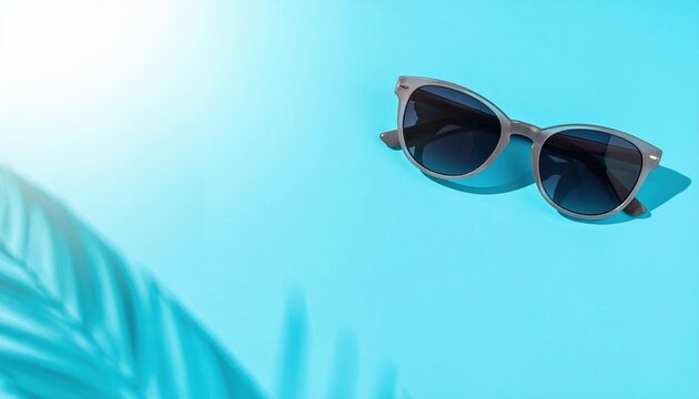 A minimalist summer banner showcasing modern women sunglasses under bright sunlight on a pastel blue background, with clean copy space for text.