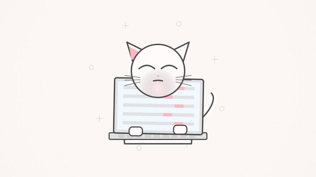 Bored white cat peeking over laptop screen vector illustration