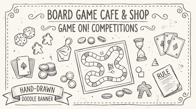 Board Game Cafe Shop Hand Drawn Doodle Banner Tabletop Gaming