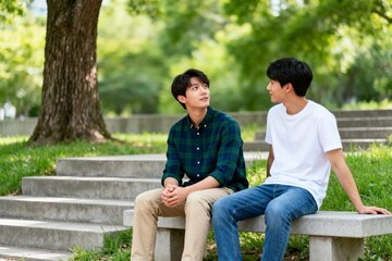Fototapeta premium Two Young Men Talking on a Park Bench