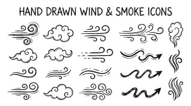 Hand Drawn Wind Gusts and Smoke Doodle Vector Icon Set