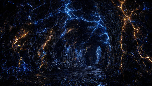 A dark cavern interior with glowing blue and orange lightning-like cracks running through the rocky walls, creating a mystical atmosphere